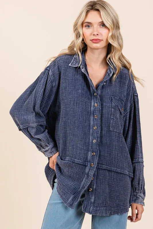 Image of Mittoshop Textured Collared Neck Long Sleeve Shirt | Queeble.shop
