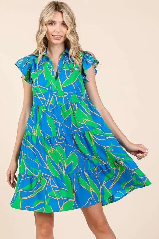 Image of Mittoshop Leaf Print Ruffle Sleeve Tiered Mini Dress | Queeble.shop