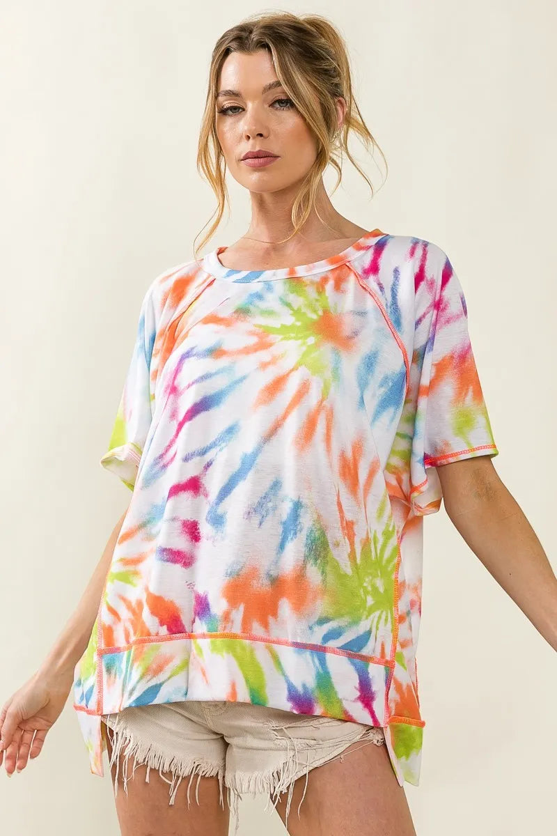 Image of BiBi Tie Dye Print Jersey Stitched Uneven Hem Top | Queeble.shop