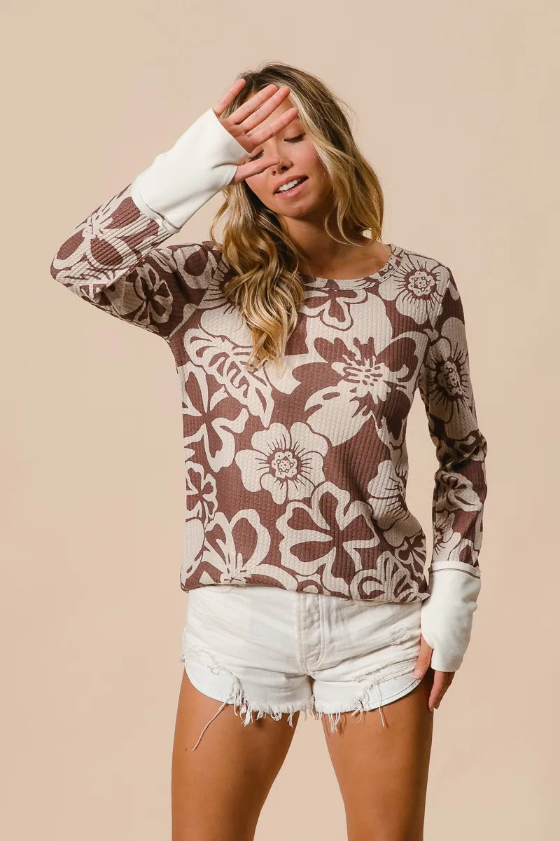 Image of BiBi Flower Printed Waffle Thumb Opening Top | Queeble.shop
