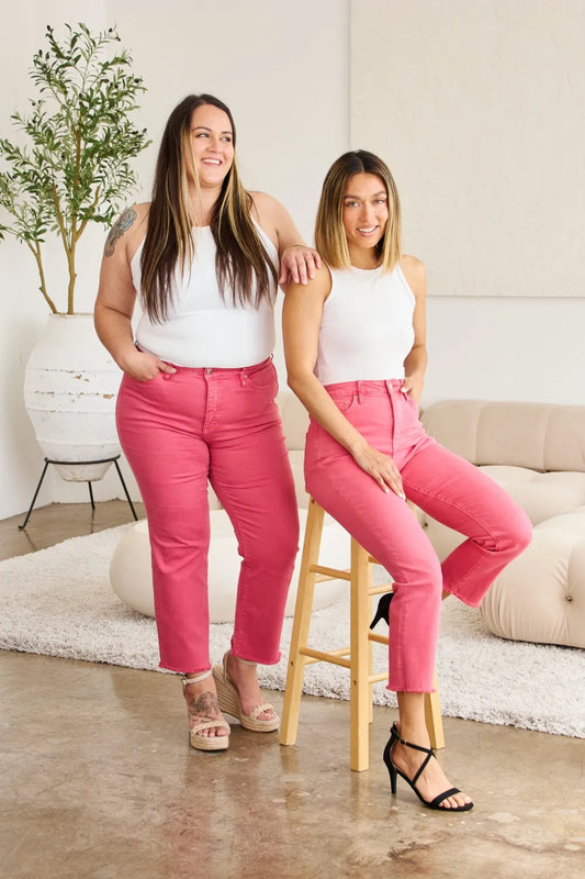 Image of RFM Crop Dylan Full Size Tummy Control High Waist Raw Hem Jeans | Queeble.shop
