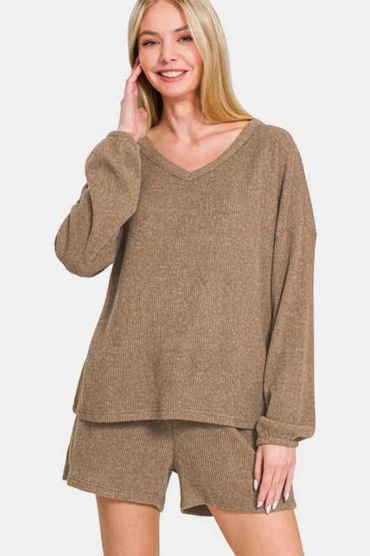 Image of Zenana V-Neck Long Sleeve Ribbed Top and Shorts Set | Queeble.shop