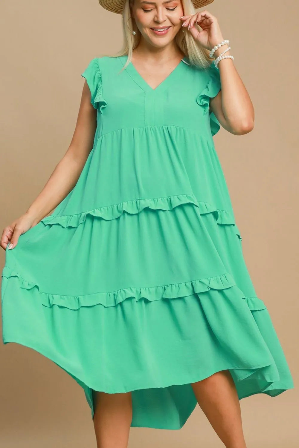 Image of Umgee Full Size Ruffle Tiered Cap Sleeve Midi Dress Plus Size | Queeble.shop