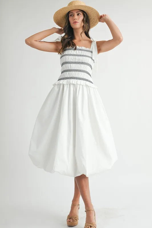 Image of MABLE Smocked Bodice Bubble Midi Dress | Queeble.shop