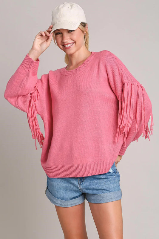 Image of Umgee Full Size Fringe Round Neck Long Sleeve Sweater Plus Size | Queeble.shop