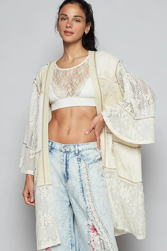 Image of POL Double Gauze and Lace Mix Cardigan with Embroidered Detail | Queeble.shop