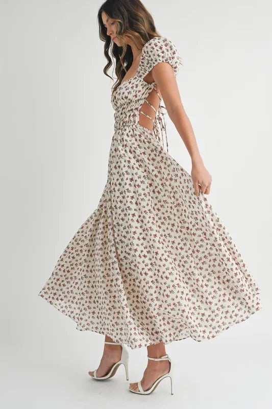 Image of MABLE Floral Print Puff Sleeve Gathered Midi Dress | Queeble.shop