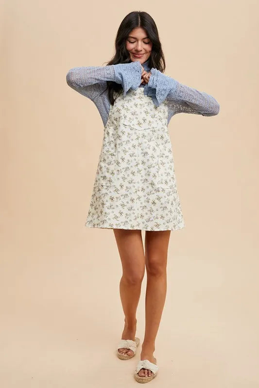 Image of Annie Wear Stretch Ditsy Print Denim Overall Mini Dress | Queeble.shop