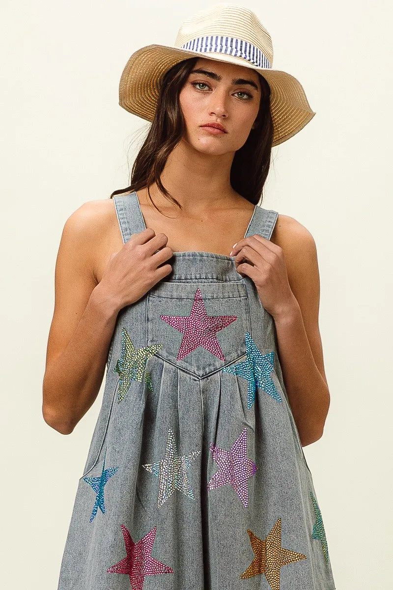 Image of BiBi Star Rhinestone Washed Wide Leg Shortalls | Queeble.shop