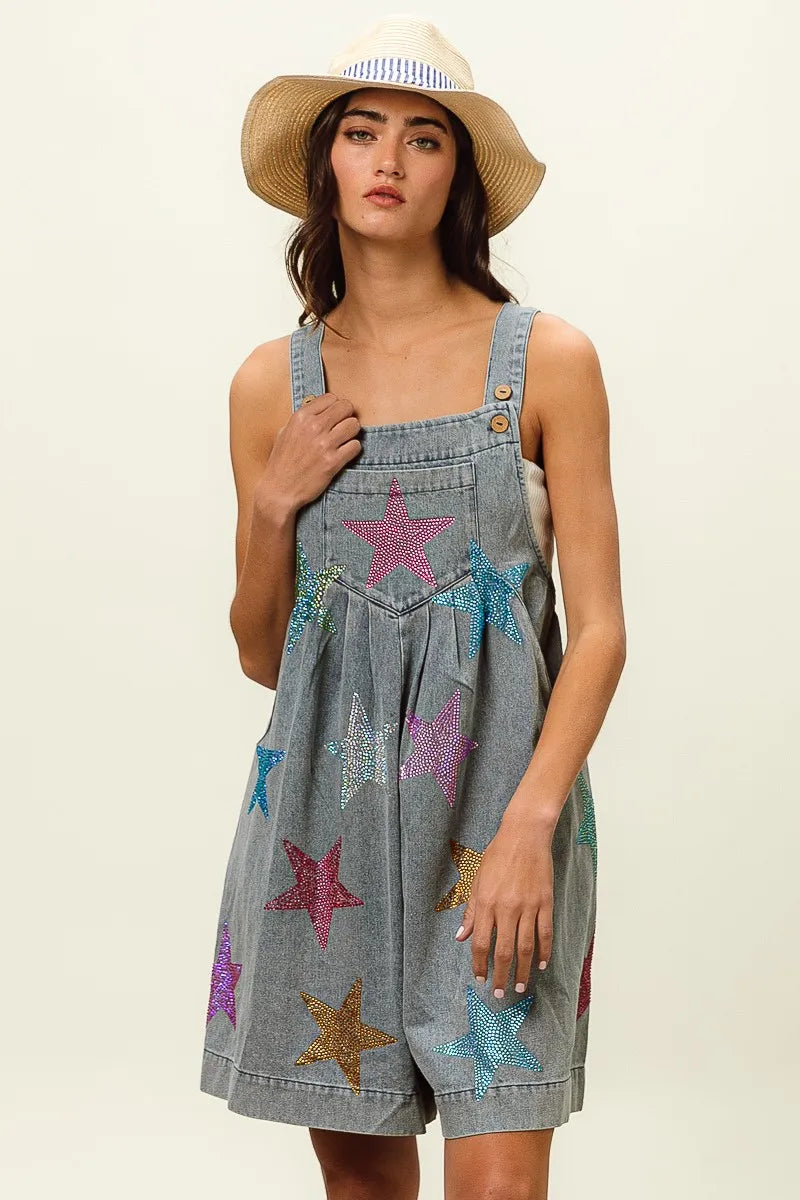 Image of BiBi Star Rhinestone Washed Wide Leg Shortalls | Queeble.shop