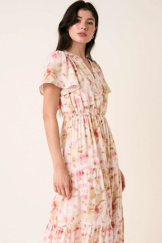 Image of Mittoshop Flower Print Flutter Sleeve V Slit Maxi Dress | Queeble.shop