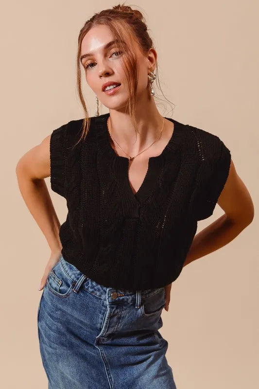 Image of SO ME Notched Neck Cable Knit Sweater Vest | Queeble.shop