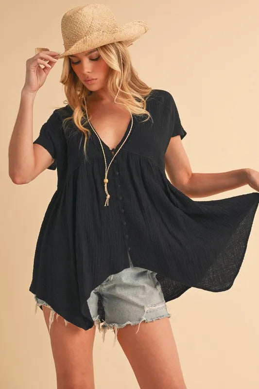 Image of Aemi + Co Tuck Detail V-Neck Short Sleeve Blouse | Queeble.shop
