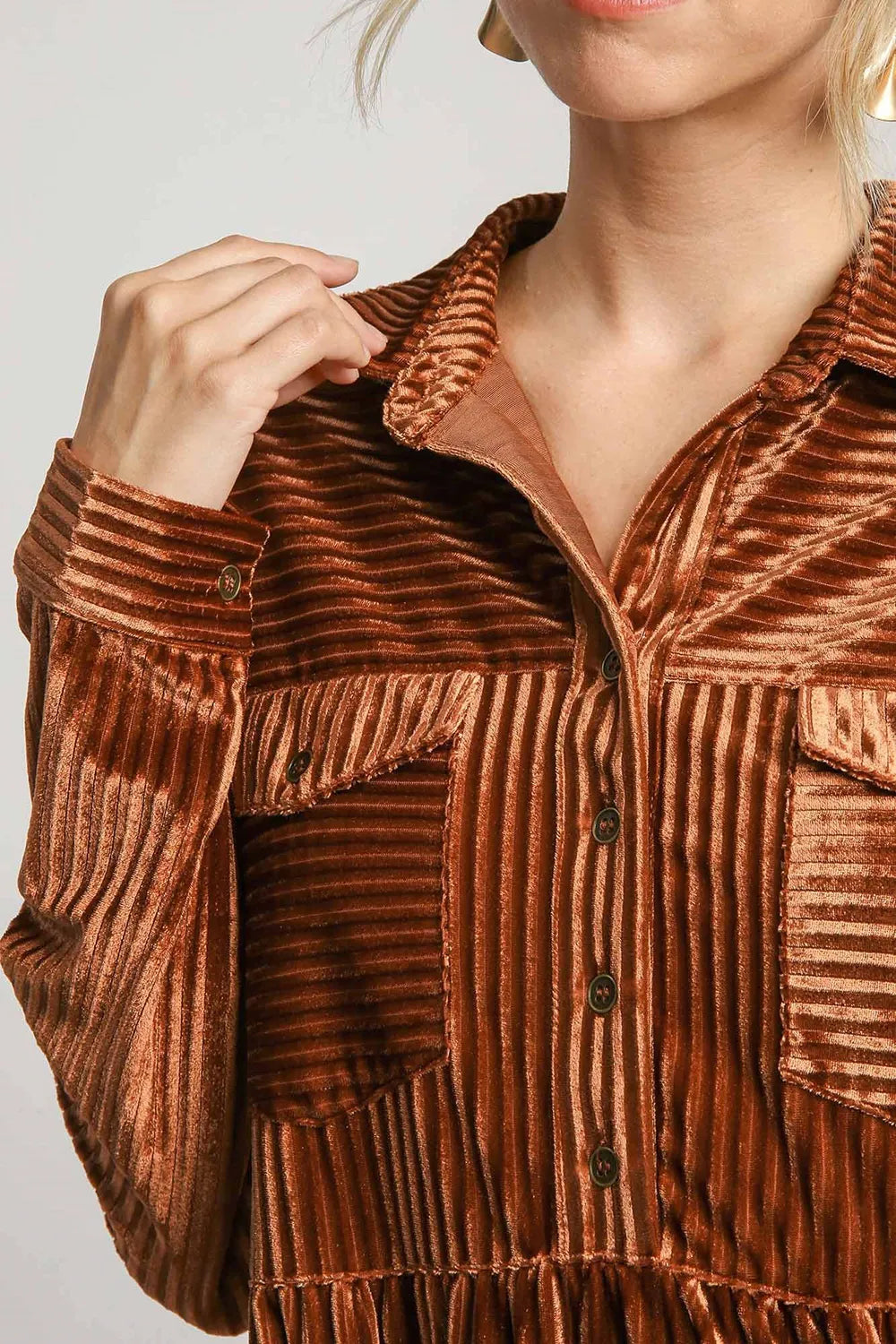 Image of Umgee Texture Tiered Collared Long Sleeve Dress | Queeble.shop