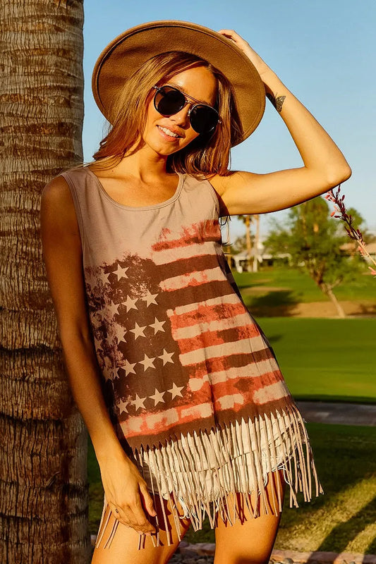 Image of BiBi American Flag Print Knit Sleeveless Top | Queeble.shop
