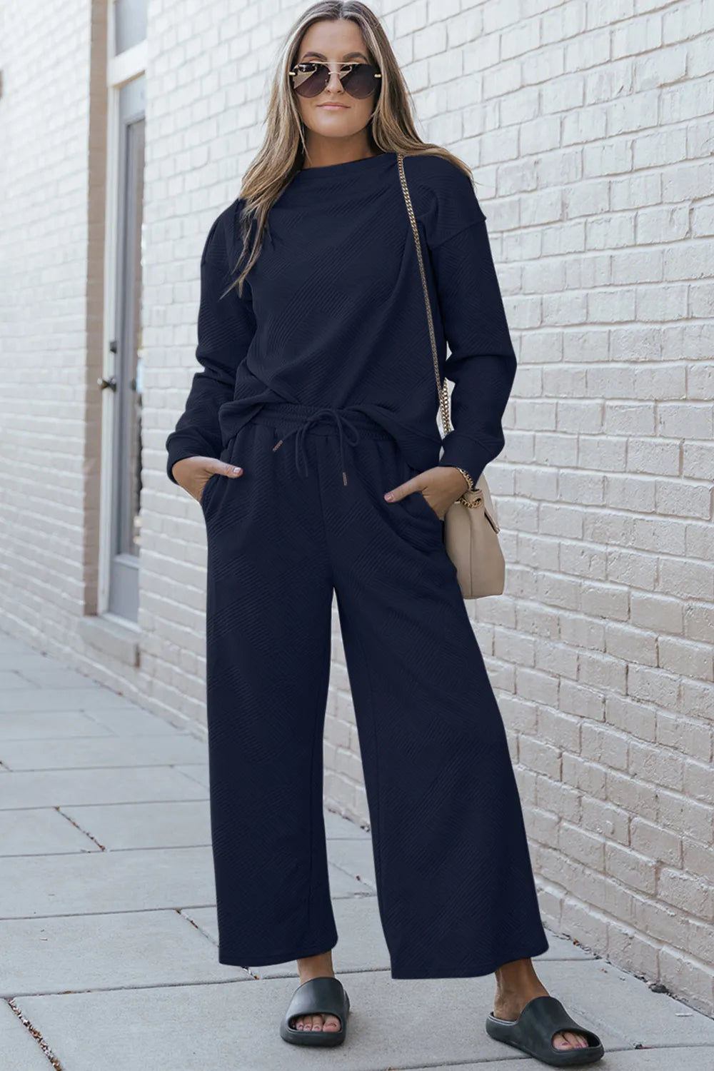 Image of Double Take Full Size Textured Long Sleeve Top and Drawstring Pants Set | Queeble.shop