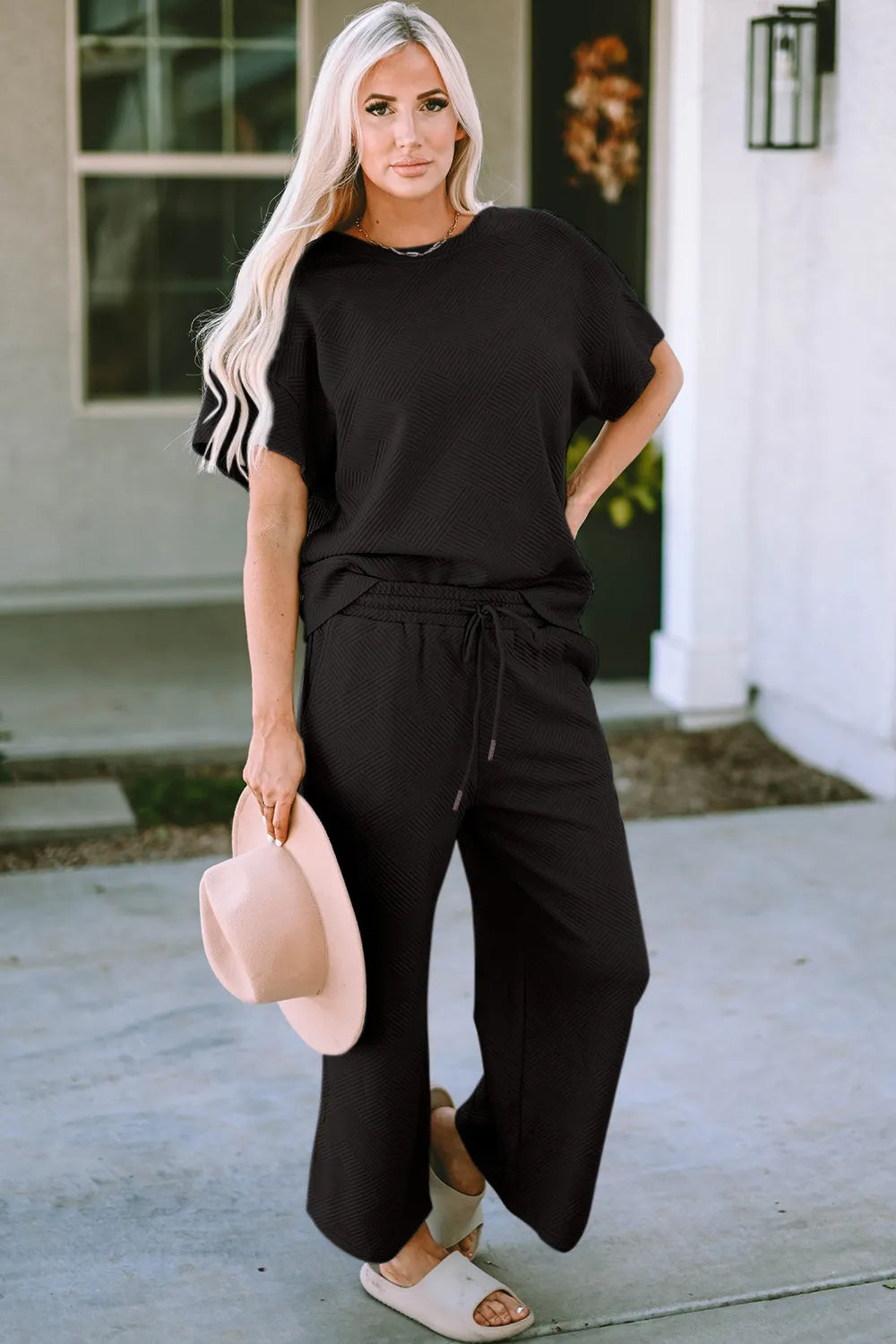 Image of Double Take Full Size Texture Short Sleeve Top and Pants Set | Queeble.shop