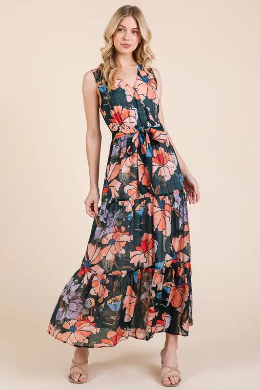 Image of Lime 'N' Chili Floral Print Sleeveless Tie Waist Maxi Dress | Queeble.shop