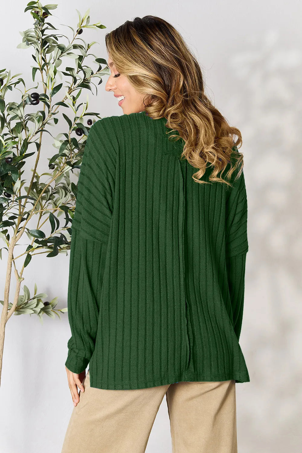 Image of Basic Bae Full Size Ribbed Round Neck Slit Knit Top | Queeble.shop