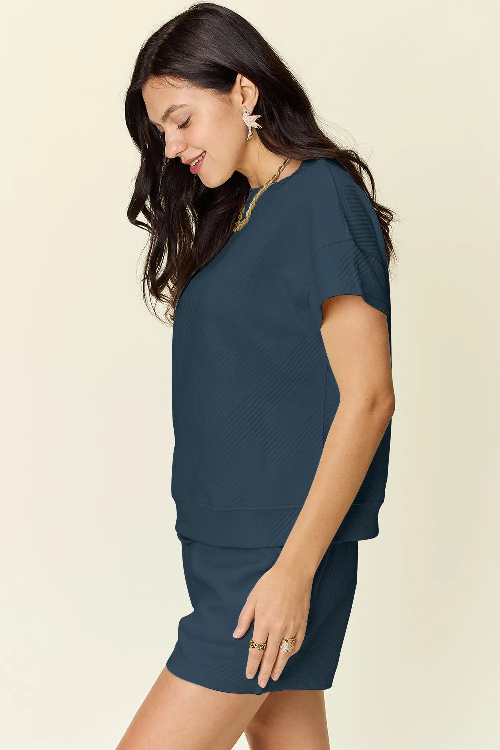 Image of Double Take Full Size Texture Short Sleeve T-Shirt and Drawstring Shorts Set | Queeble.shop