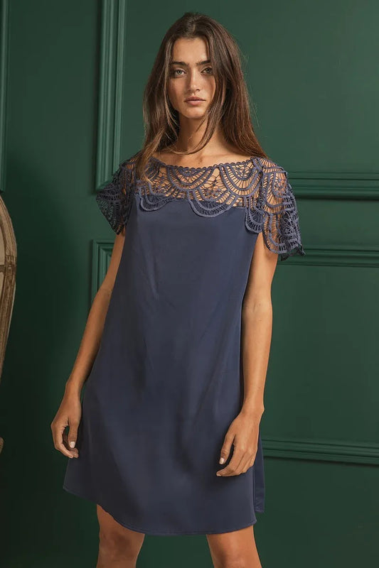 Image of BiBi Crochet Lace Yoke Detailed Wrinkled Dress | Queeble.shop
