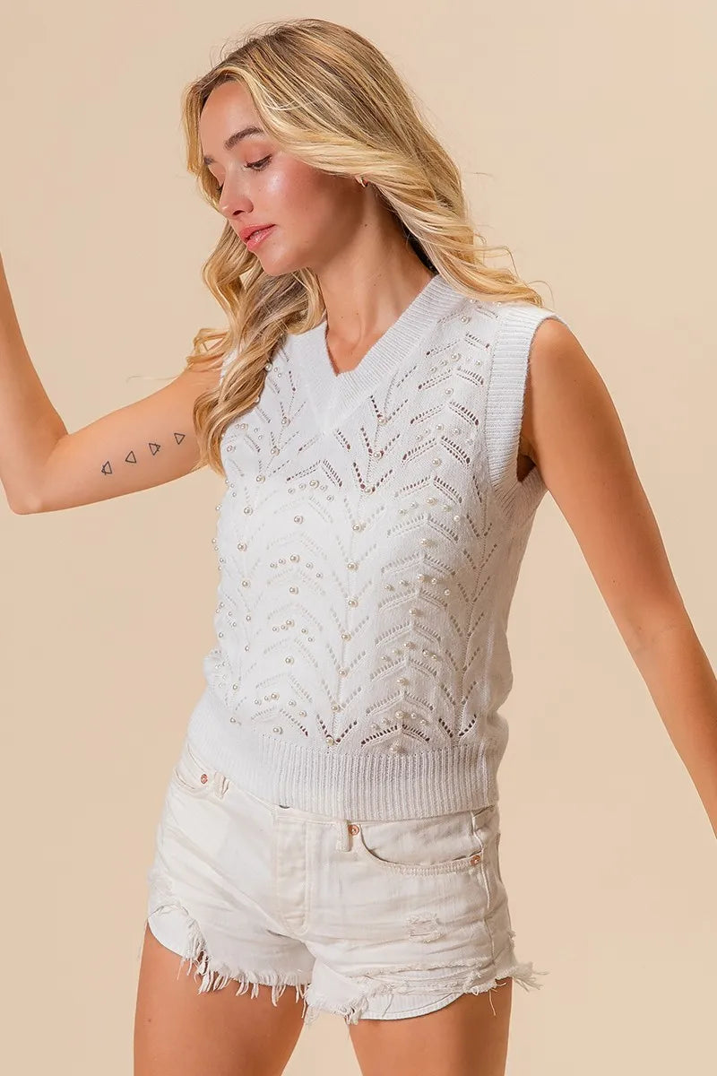 Image of BiBi Chevron Pointelle Pearl Knit Top | Queeble.shop