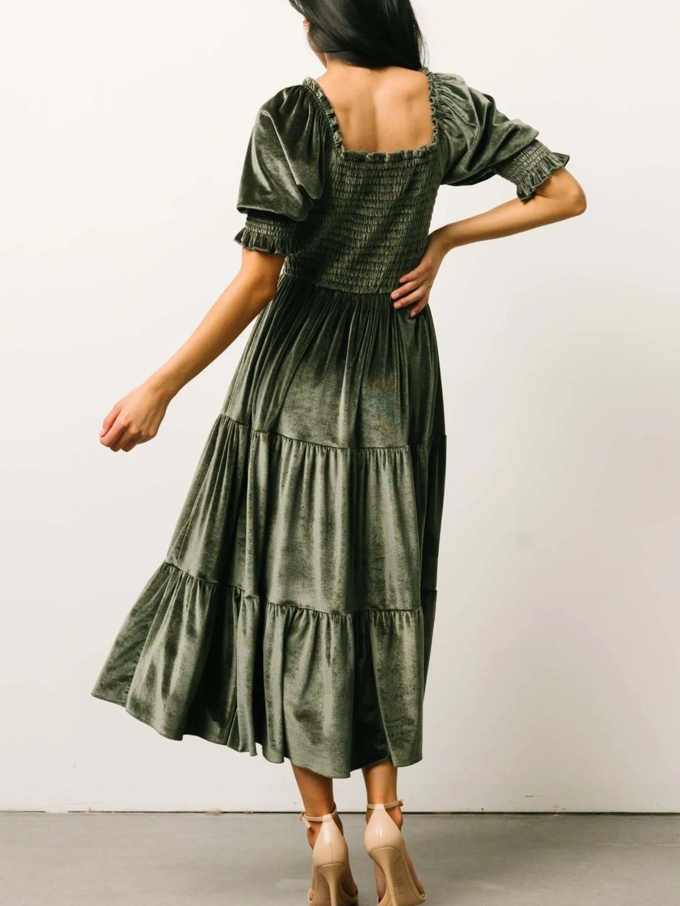 Image of Smocked Half Sleeve Tiered Midi Dress | Queeble.shop