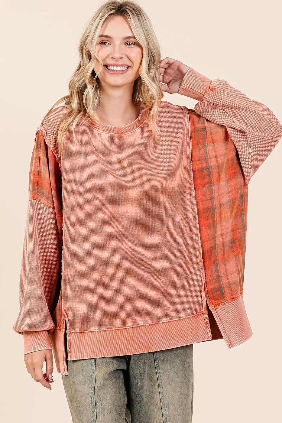Image of Mittoshop Plaid Panel Mineral Wash French Terry Sweatshirt | Queeble.shop