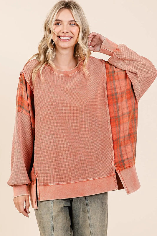 Image of Mittoshop Plaid Panel Mineral Wash French Terry Sweatshirt | Queeble.shop