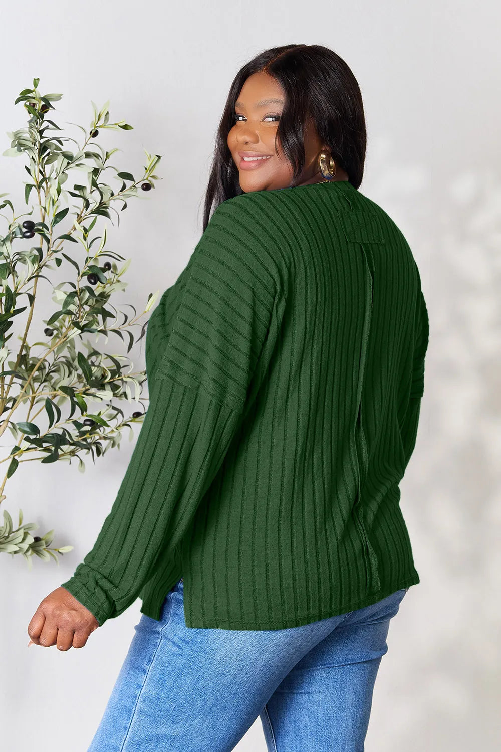 Image of Basic Bae Full Size Ribbed Round Neck Slit Knit Top | Queeble.shop