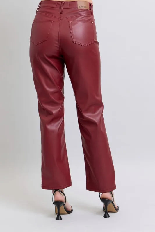Image of Judy Blue Full Size High Waist Tummy Control Faux Leather Straight Pants Plus Size | Queeble.shop