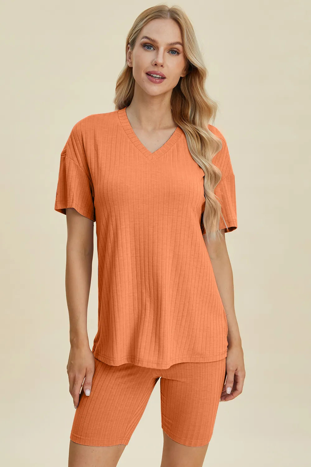 Image of Basic Bae Full Size Ribbed V-Neck Short Sleeve Top and Shorts Set | Queeble.shop