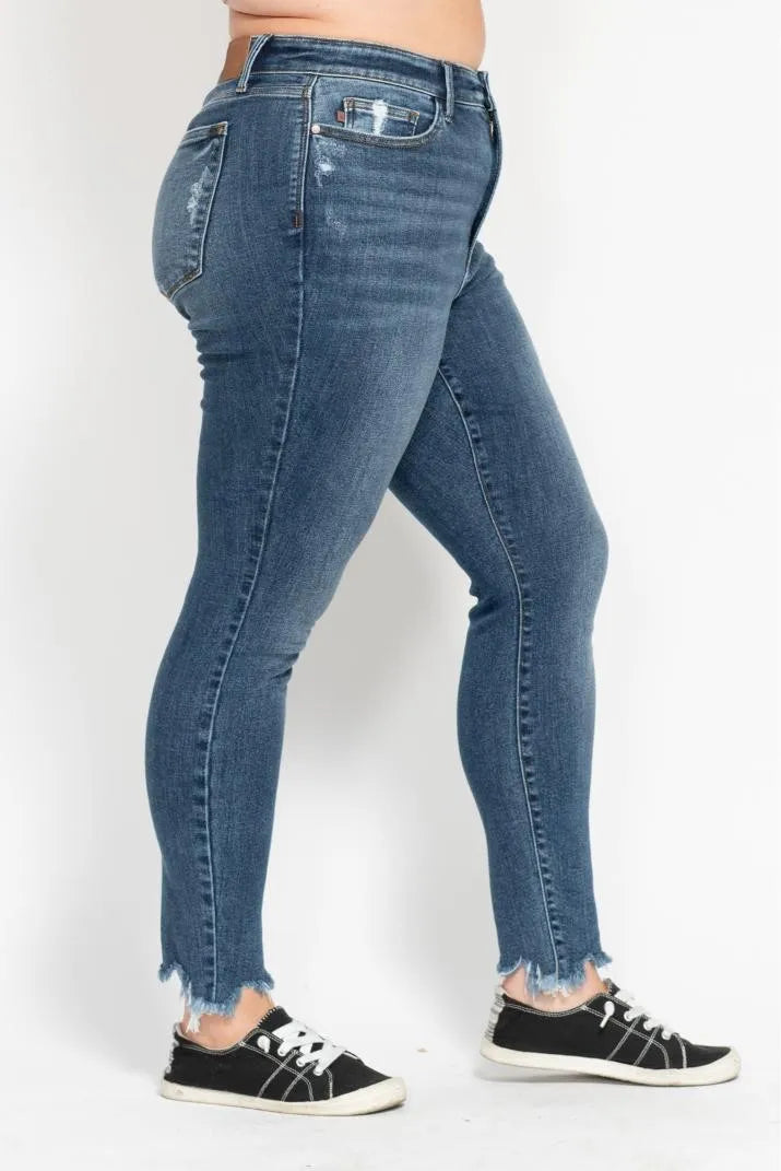 Image of Judy Blue Plus Size High Waist Skinny with Destroy & Shark Bit Hem | Queeble.shop