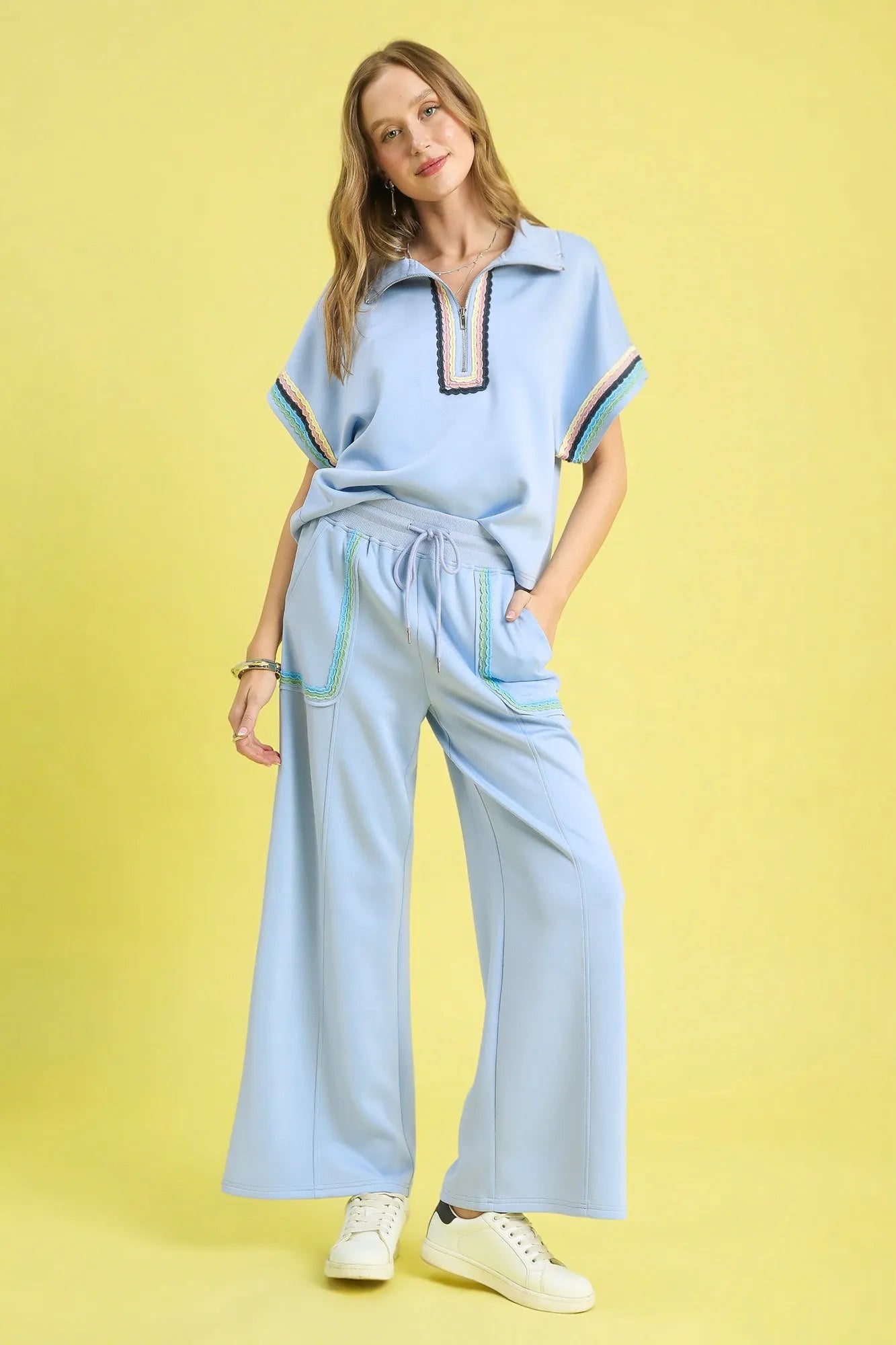 Image of Umgee Drawstring Wide Leg Pants with Scallop Trim Detail | Queeble.shop