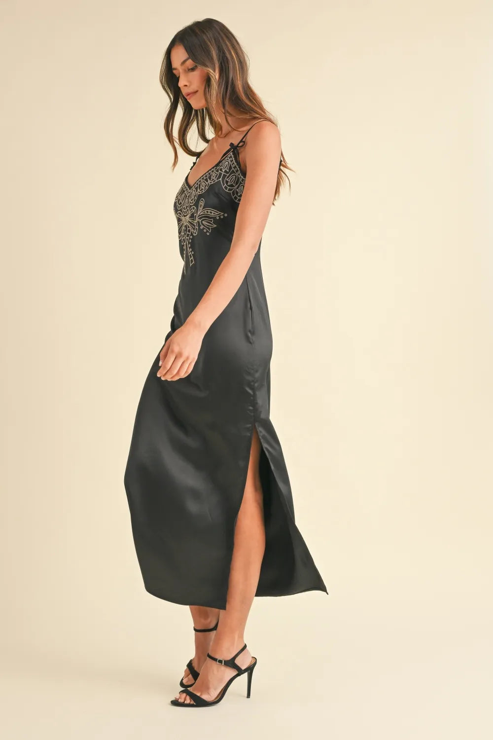 Image of Mable Embroidered Cami Satin Midi Slit Dress | Queeble.shop