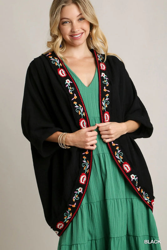 Image of Umgee Embroidery Open Front Kimono with Pleated Shoulder Detail | Queeble.shop