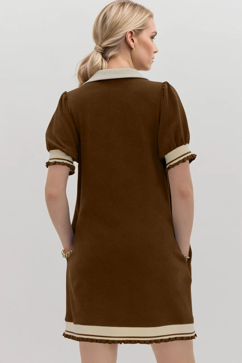 Image of Oh Frill Contrast Trim Johnny Collar Short Sleeve Mini Dress | Queeble.shop