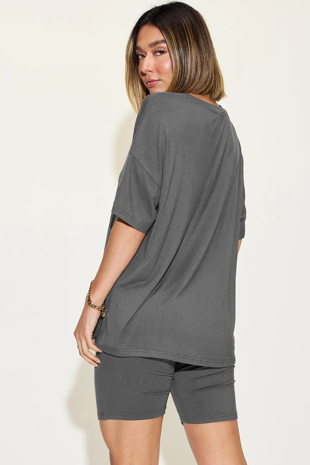 Image of Basic Bae Full Size V-Neck Drop Shoulder T-Shirt and Shorts Set | Queeble.shop