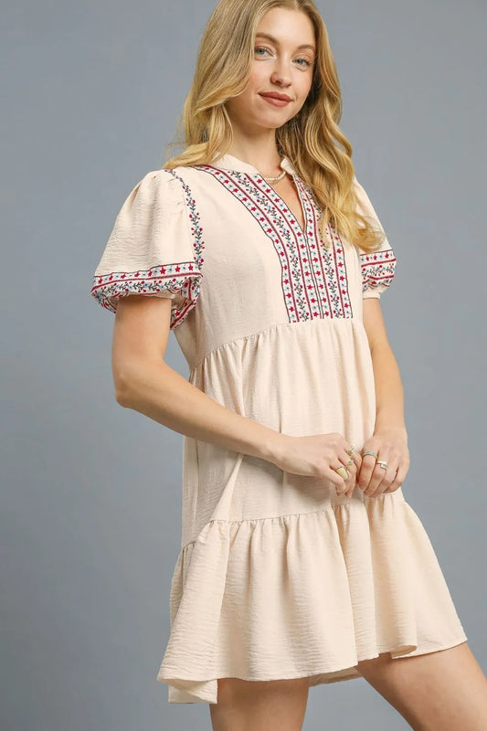 Image of Umgee Floral Trim Puff Sleeve Mini Dress | Queeble.shop