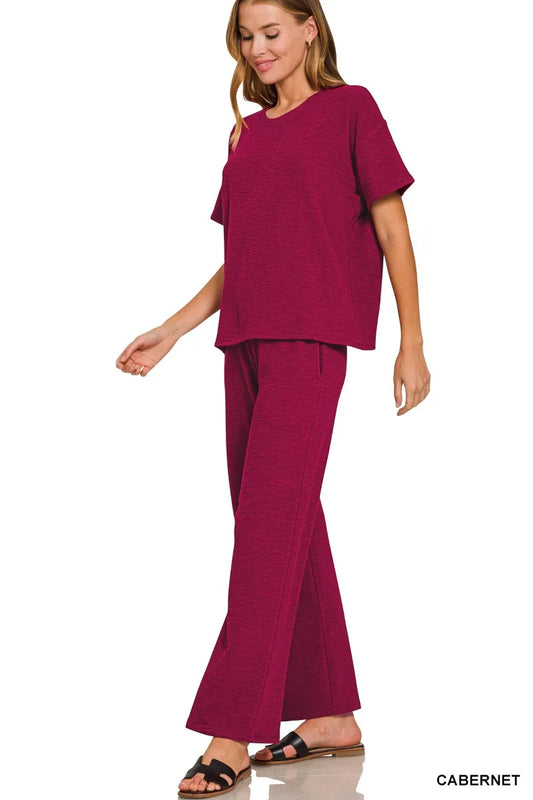Image of Zenana Slub Short Sleeve T-Shirt and Pants Set | Queeble.shop