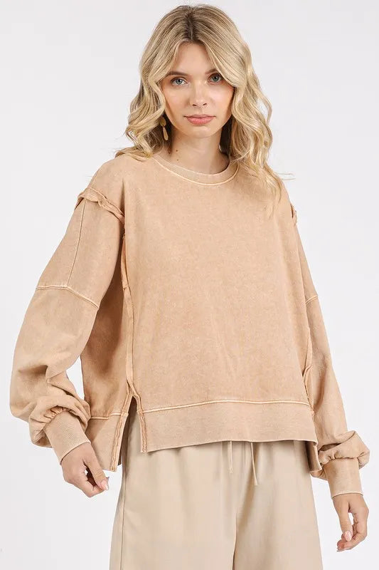 Image of Mittoshop Side Slit Exposed Seam Round Neck Sweatshirt | Queeble.shop