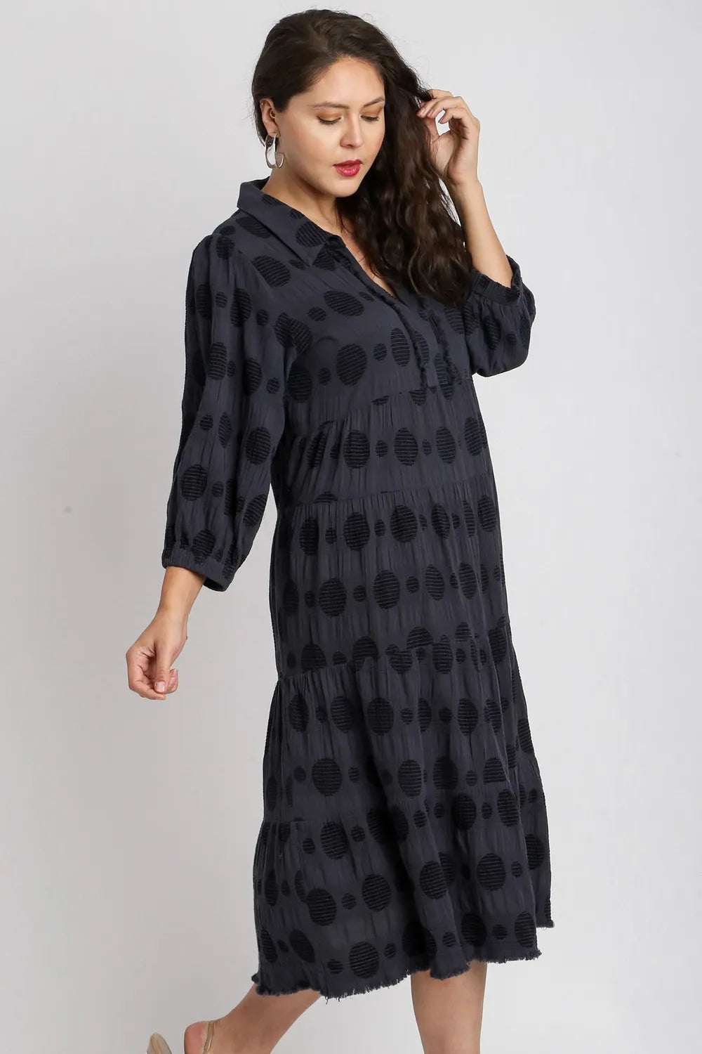 Image of Umgee Full Size Solid Dotted Jacquard Midi Dress Plus Size | Queeble.shop