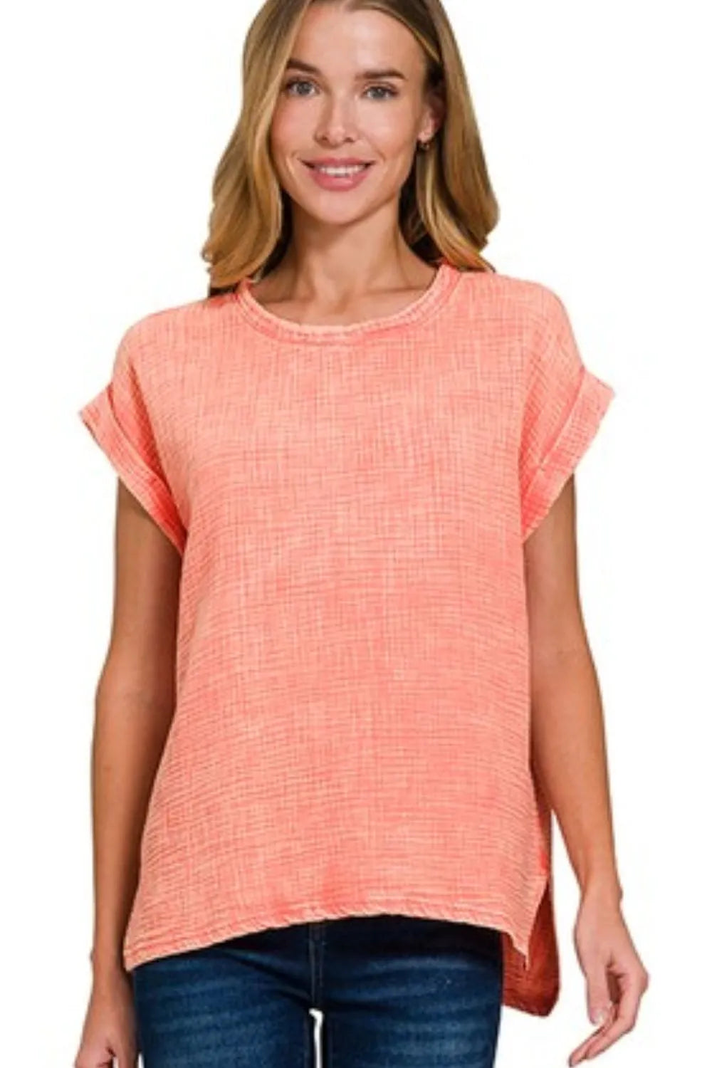 Image of Zenana Woven Double Gauze Acid Washed Short Sleeve Top | Queeble.shop
