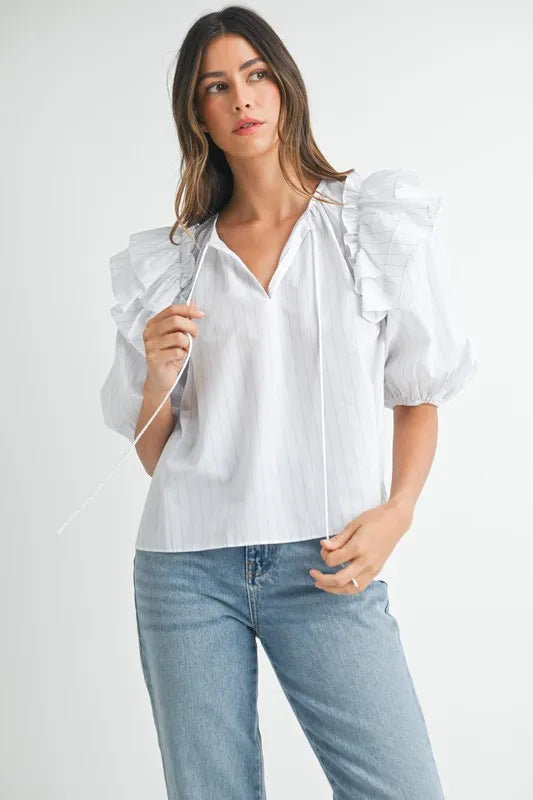 Image of MABLE Stripe Ruffle Shoulder Puff Sleeve Blouse | Queeble.shop