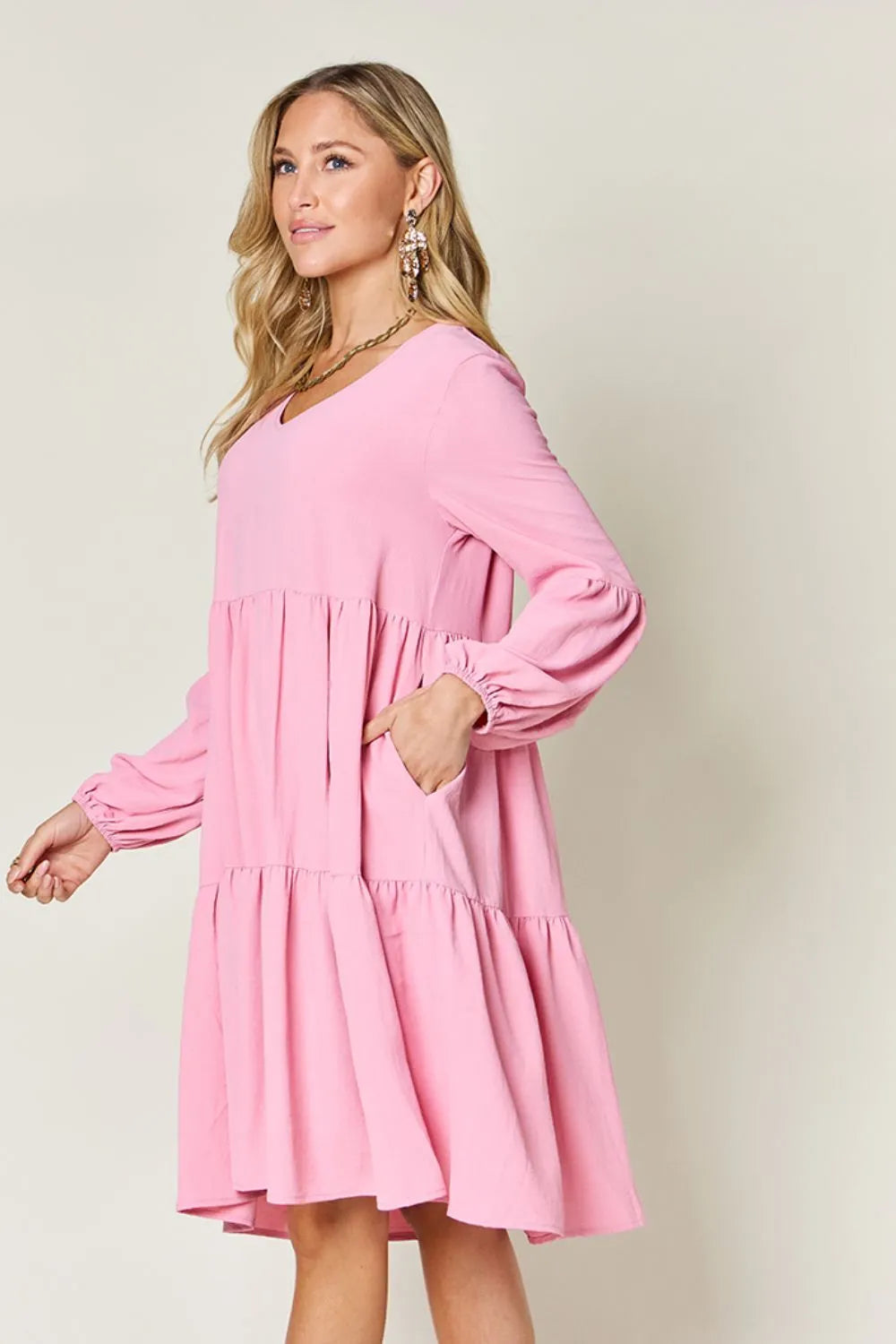 Image of Double Take Full Size V-Neck Balloon Sleeve Tiered Dress with Pockets | Queeble.shop