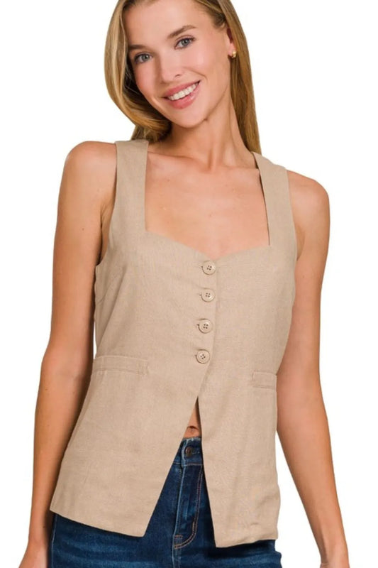 Image of Zenana Linen Tie-back 4-button Vest with Lining | Queeble.shop