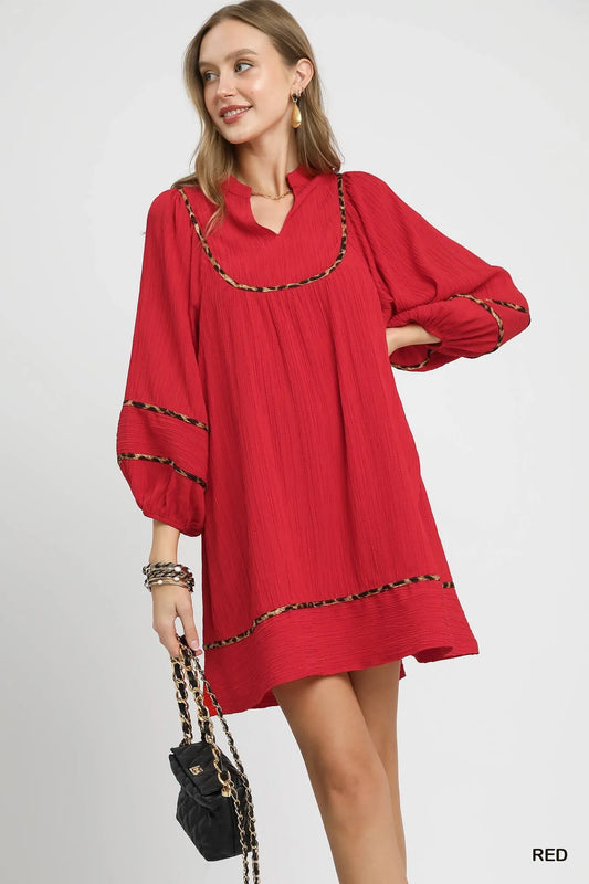 Image of Umgee Textured Babydoll Dress with Leopard Trim | Queeble.shop