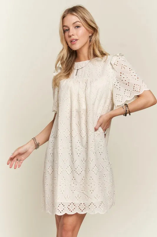 Image of ADORA Ruffled Eyelet Round Neck Dress | Queeble.shop
