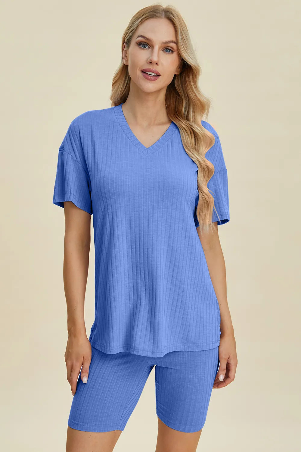 Image of Basic Bae Full Size Ribbed V-Neck Short Sleeve Top and Shorts Set | Queeble.shop