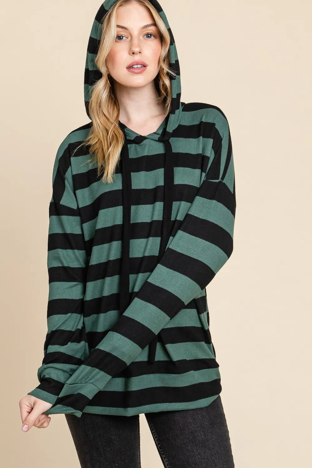 Image of BOMBOM Drawstring Striped Dropped Shoulder Hoodie | Queeble.shop